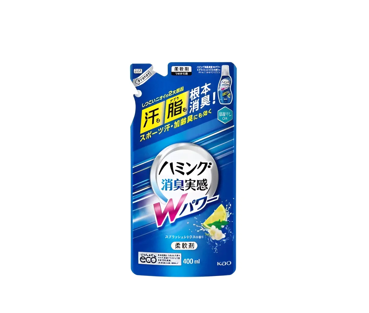 Kao Humming W Power Splash Citrus Кондиционер-ополаскиватель для белья с антибактериальным и дезодорирующим эффектом с ароматом ментола и цитрусов 400 мл запасной блок-0